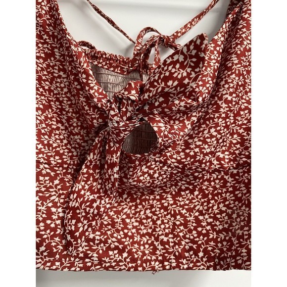 SHEIN Rust & White Floral Crop Front Cut Out Tie Puff Sleeves Cottage Top Size M - Picture 2 of 6